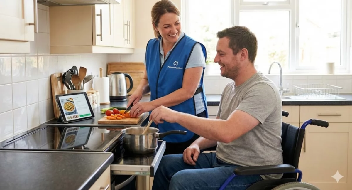 Asystentka osoby niepełnosprawnej pomagająca mężczyźnie na wózku w przygotowaniu obiadu.