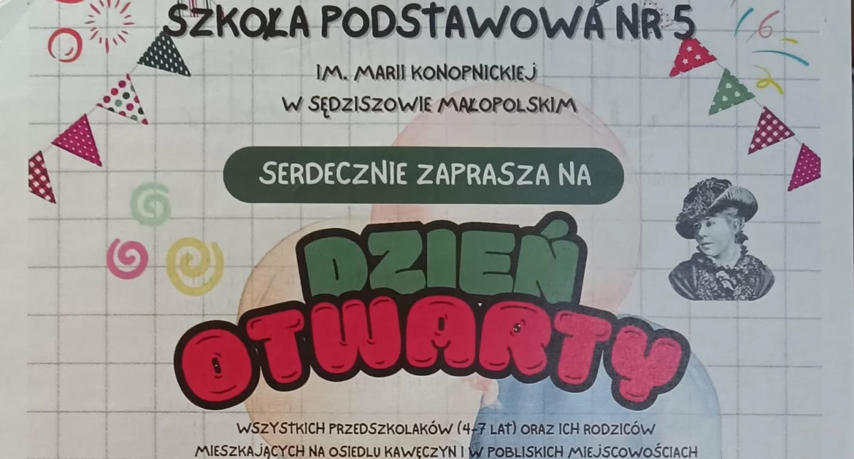 FOTO: SP 5 SĘDZISZÓW MAŁOPOLSKI - Plakat zapraszający do przyjścia na dzień otwarty Szkoły Podstawowej nr 5 w Sędziszowie Małopolskim.