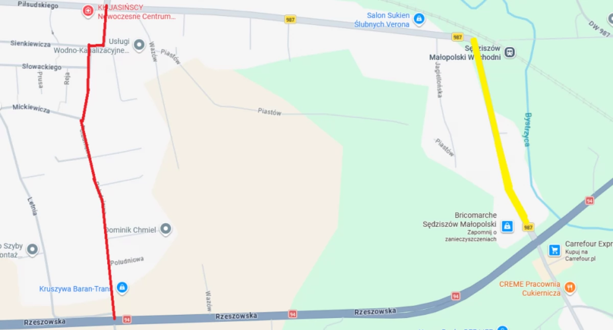 Na mapie żółtym kolorem zaznaczona ulica Witosa, która będzie zamknięta dla ruchu, a czerwonym wyznaczony objazd.